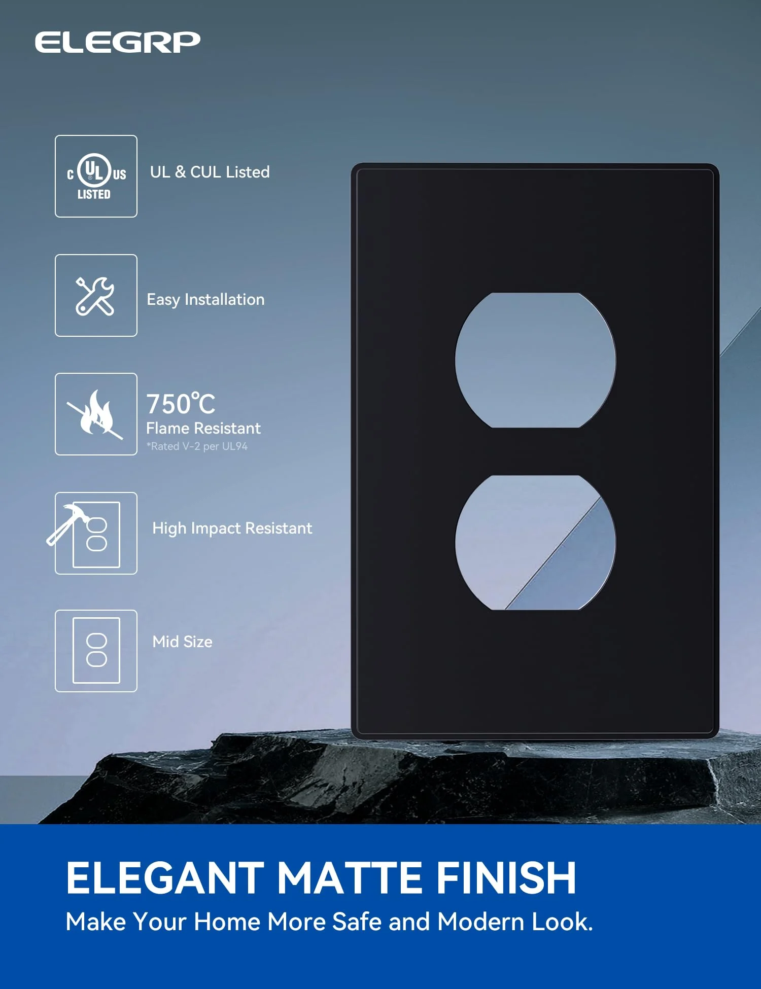 ELEGRP 1-Gang Screwless Duplex Wall Plates, Mid-Size, Unbreakable Thermoplastic Faceplate Cover for Duplex & Toggle Switches, UL Listed - Image 9
