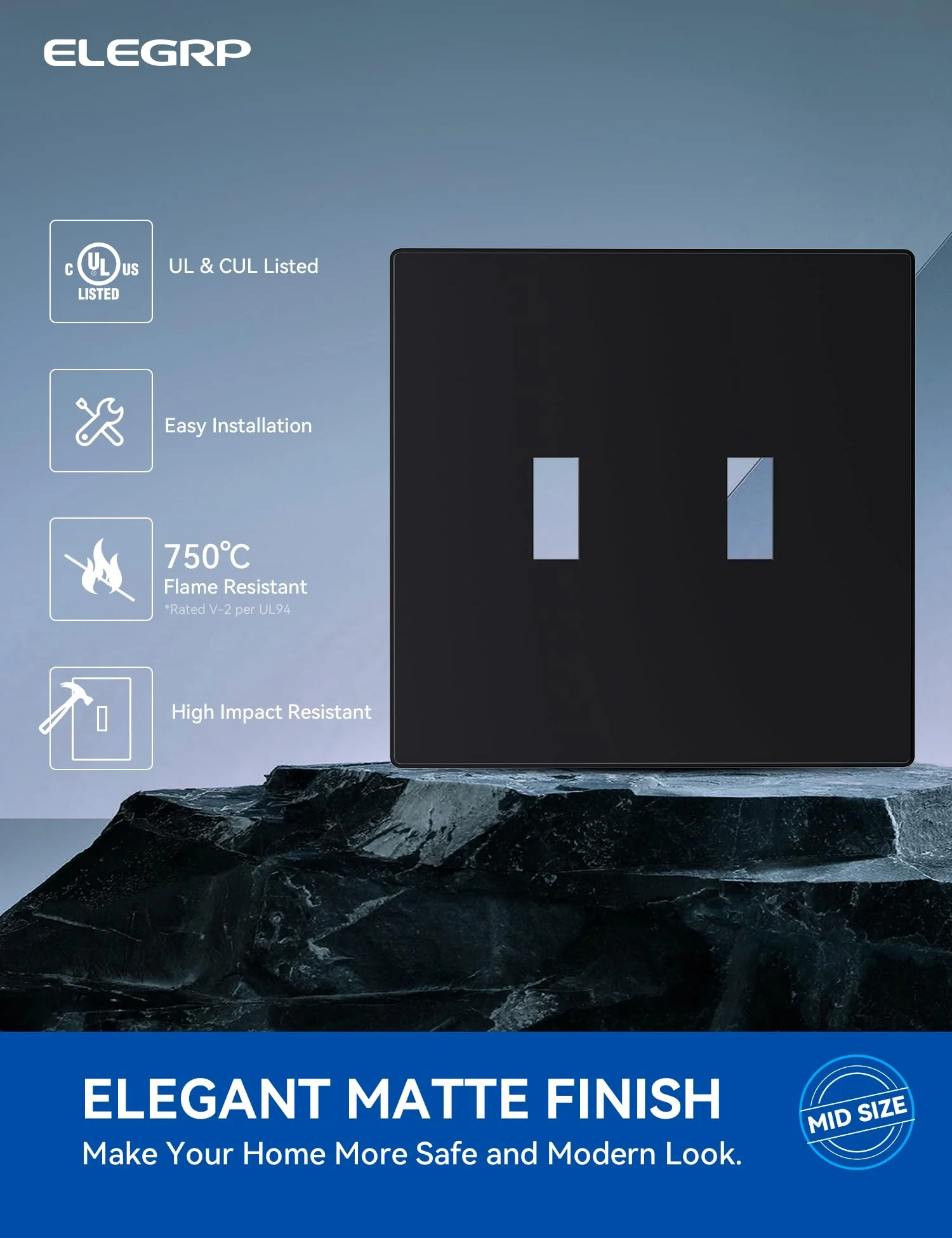 ELEGRP  2-Gang Screwless Toggle Wall Plates, Mid-Size, Unbreakable Thermoplastic Faceplate Cover for Toggle Switches & Dimmer Switches, UL Listed - Image 9