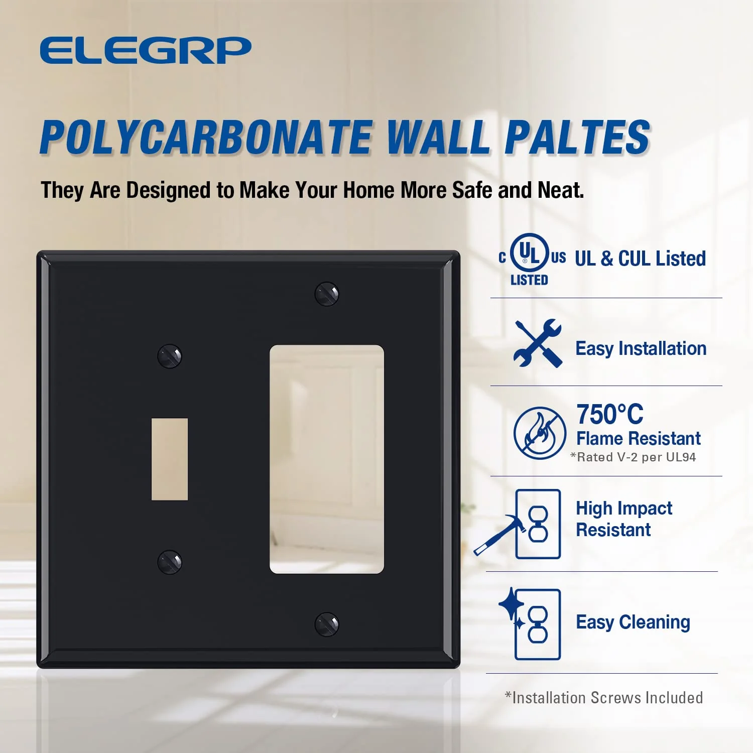 ELEGRP 2-Gang Wall Plate, 1-Toggle Light Switch & 1-Decorator/GFCI Outlet, Mid-Size 4.88" x 4.94", Unbreakable Thermoplastic, UL Listed - Image 8