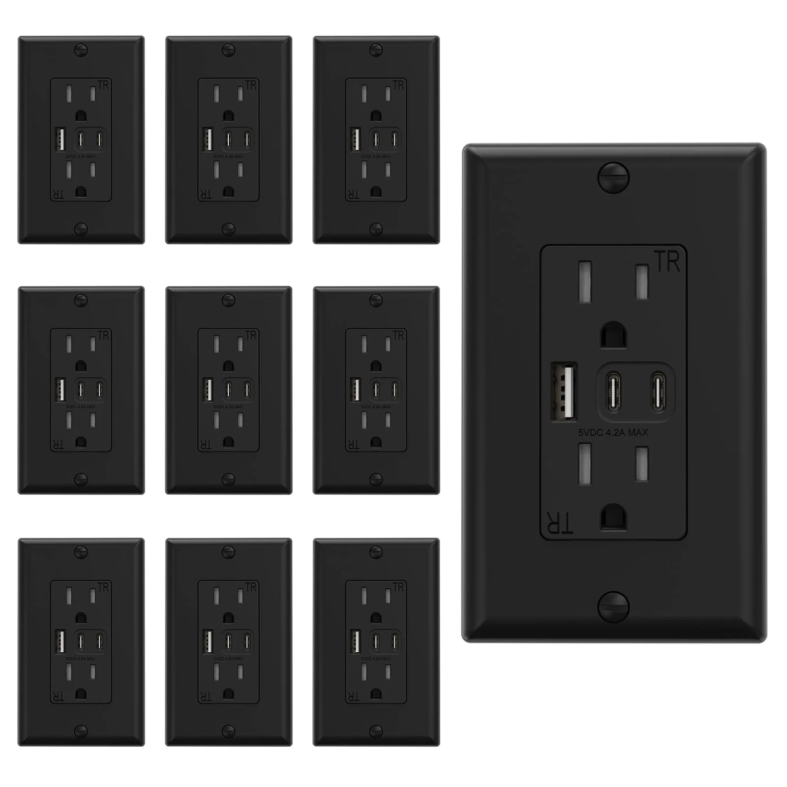 USB C/C/A, 4.2A 5VDC Total Output with 15A/20A, Tamper-Resistant Screw Wall Outlet - Image 8