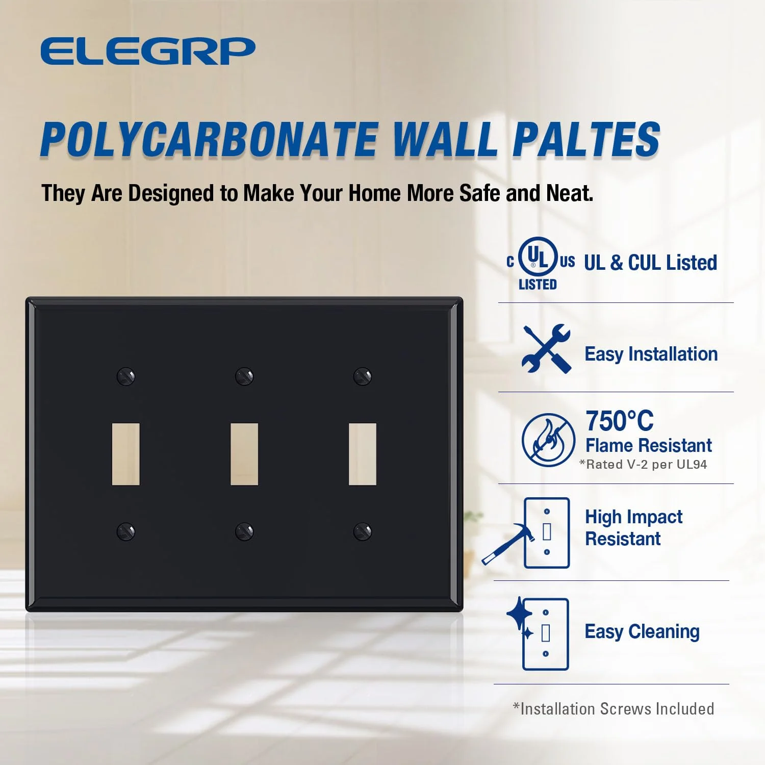 ELEGRP 3-Gang Toggle Switch Wall Plate, Mid-Size, Unbreakable Thermoplastic Cover for Toggle and Dimmer Switches, UL Listed - Image 7