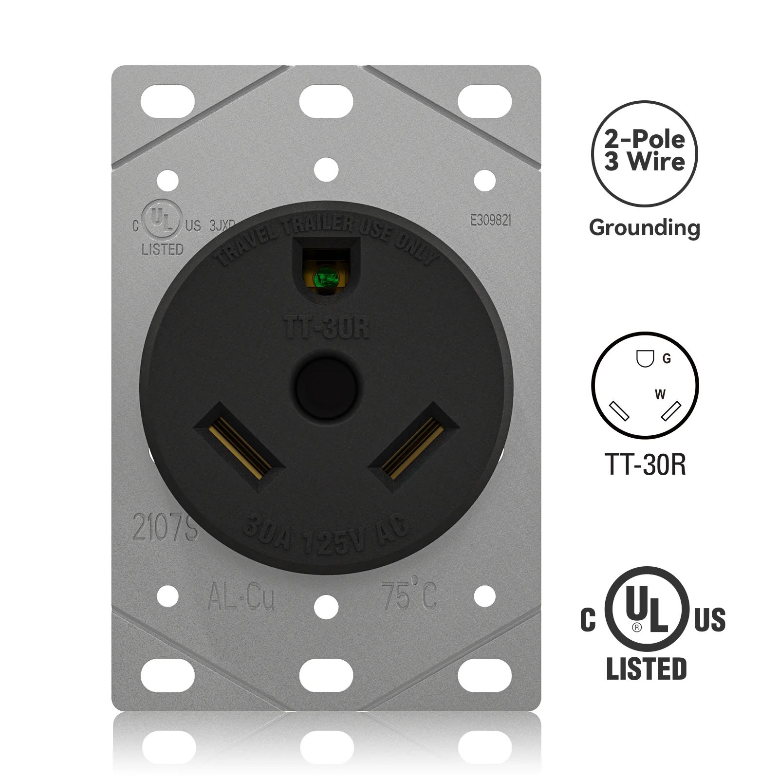 RV Receptacle & Plug Combo, 30A 125V, 2 Pole 3 Wire, NEMA TT-30R/P - Image 3