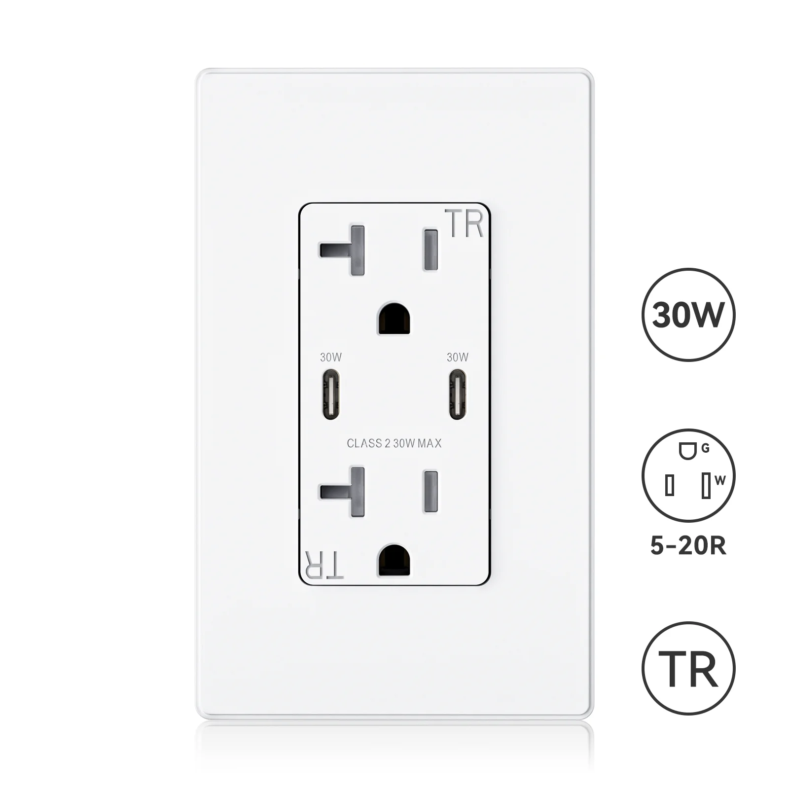 USB C/C, 30W 6.0A Total Output Outlet with 15A/20A, Tamper-Resistant Wall Outlet - Image 3