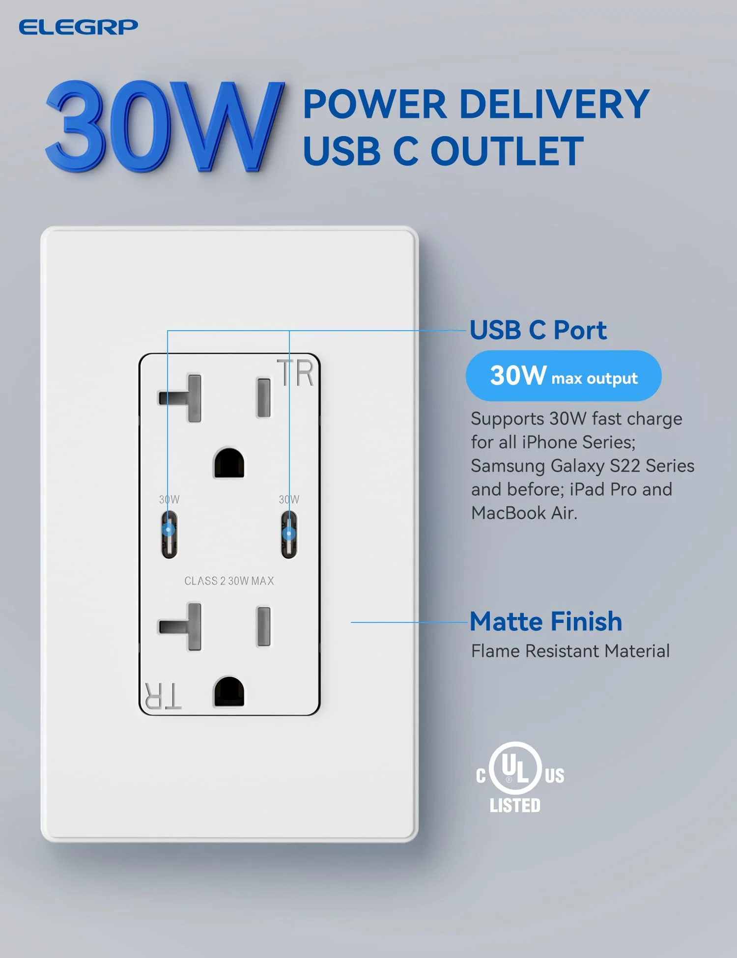 USB C/C, 30W 6.0A Total Output Outlet with 15A/20A, Tamper-Resistant Wall Outlet - Image 5