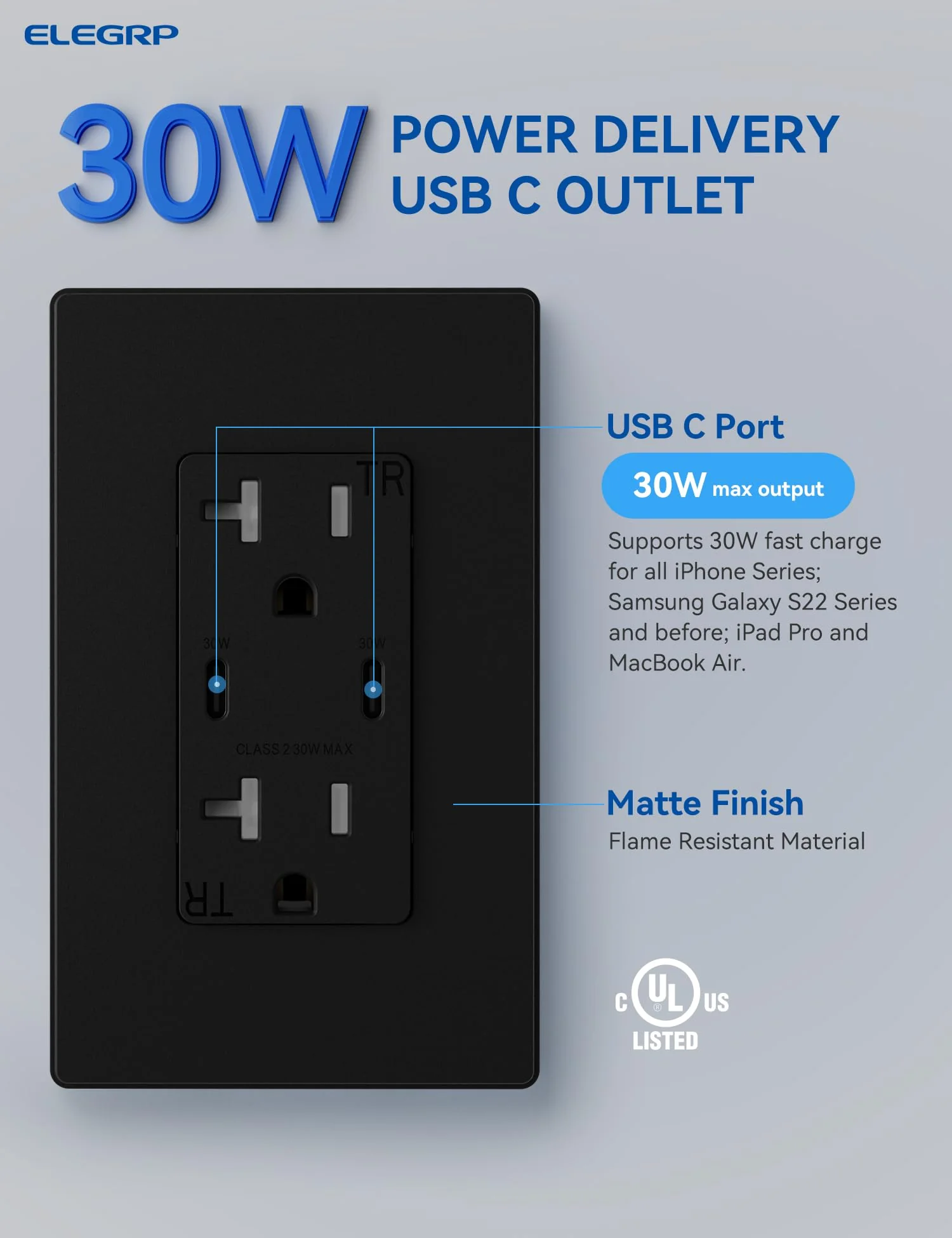 USB C/C, 30W 6.0A Total Output Outlet with 15A/20A, Tamper-Resistant Wall Outlet - Image 6