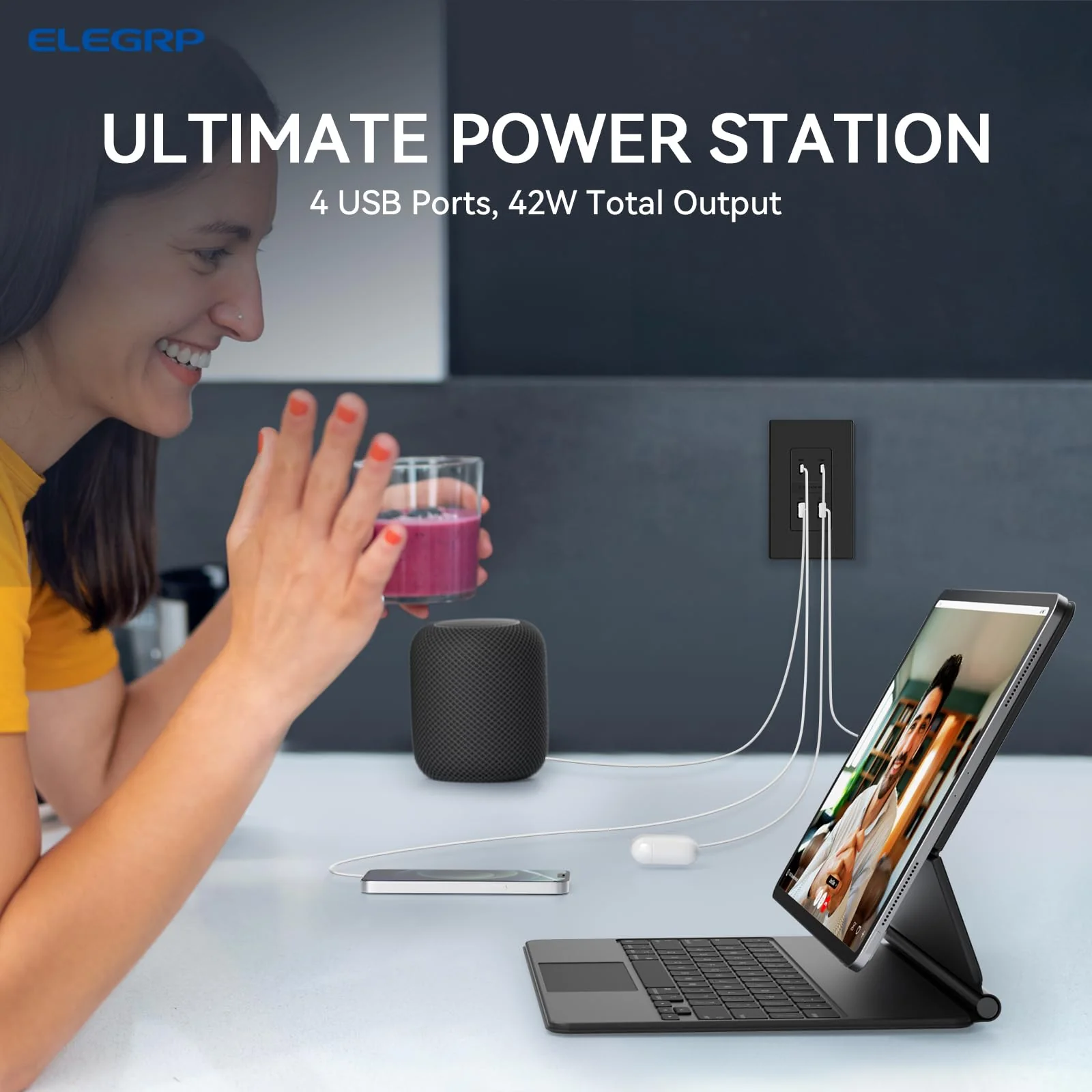 USB C/C/A/A, 42W Total Output, PD3.0 & QC 3.0 Wall Outlet - Image 5