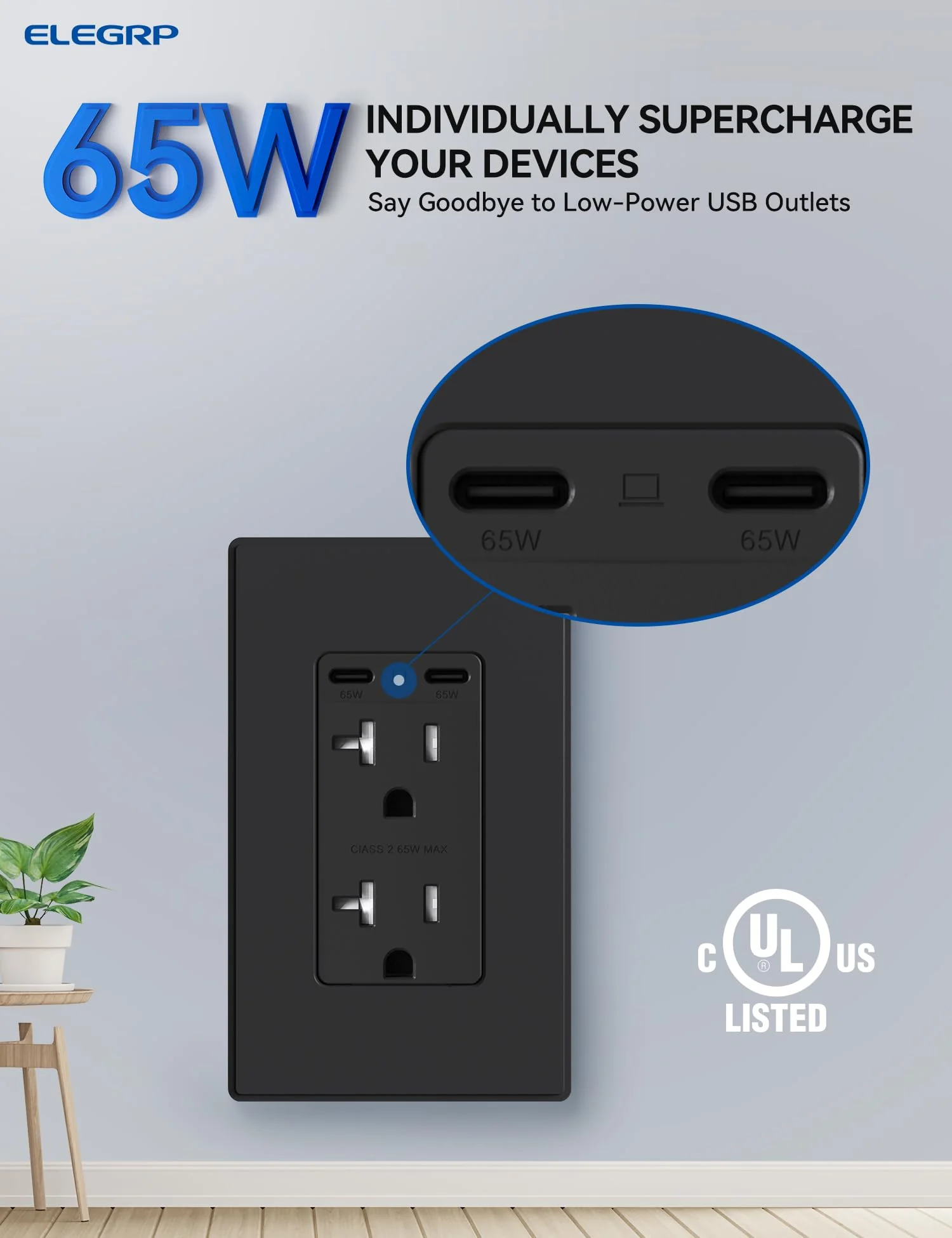 USB C/C, 65W Total Output, Fast Charging Outlet with 15A/20A, Tamper-Resistant Wall Outlet - Image 6