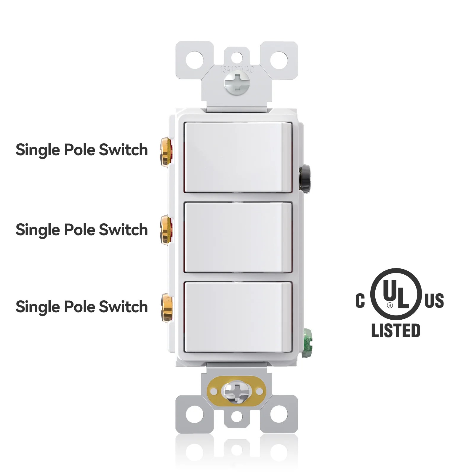 Combination Light Switch, 15A 125V, 3 Single Pole Switches - Image 3