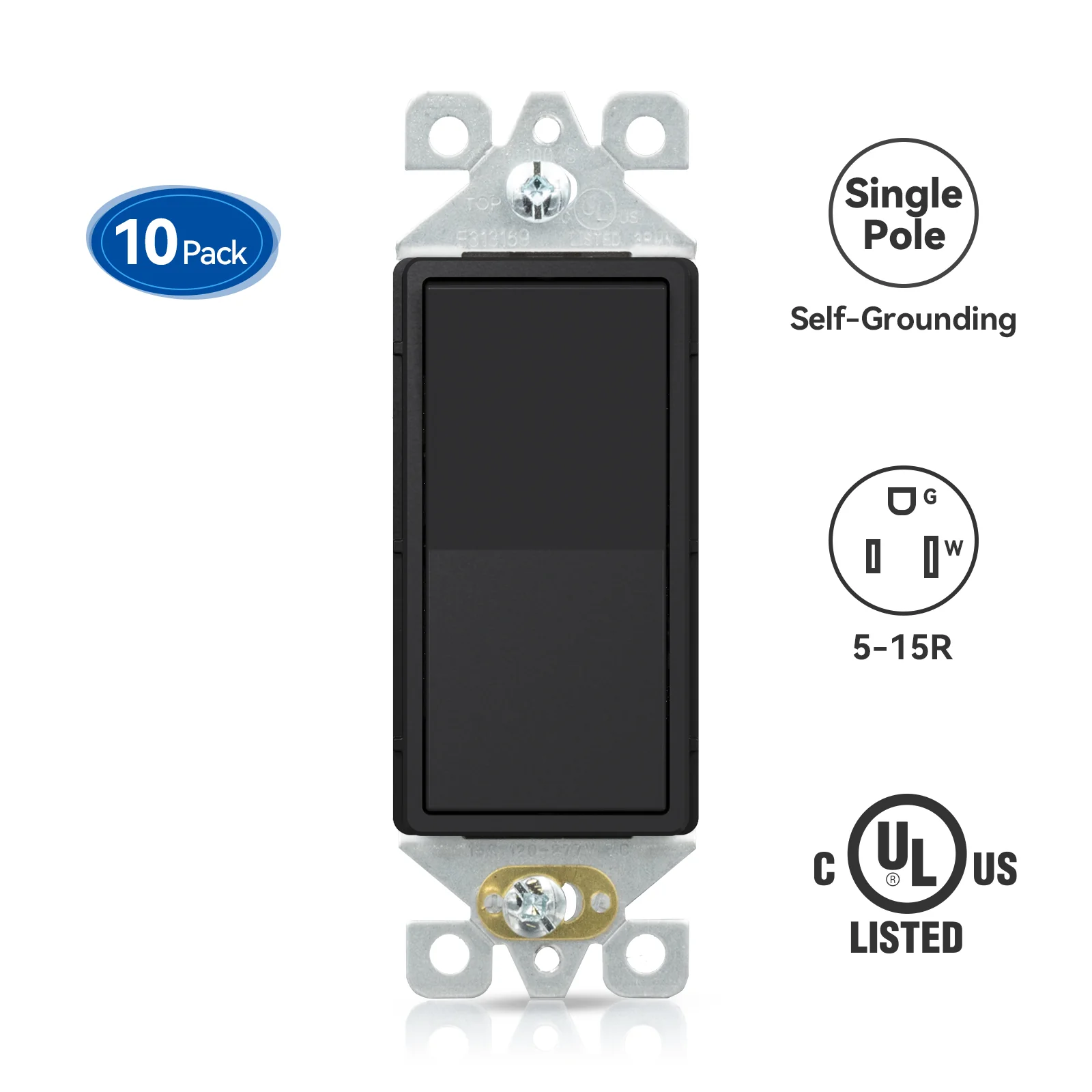 Single Pole Decorator Rocker Light Switch, 15A 120-277V, Self-Grounding, 10-Pack - Image 3