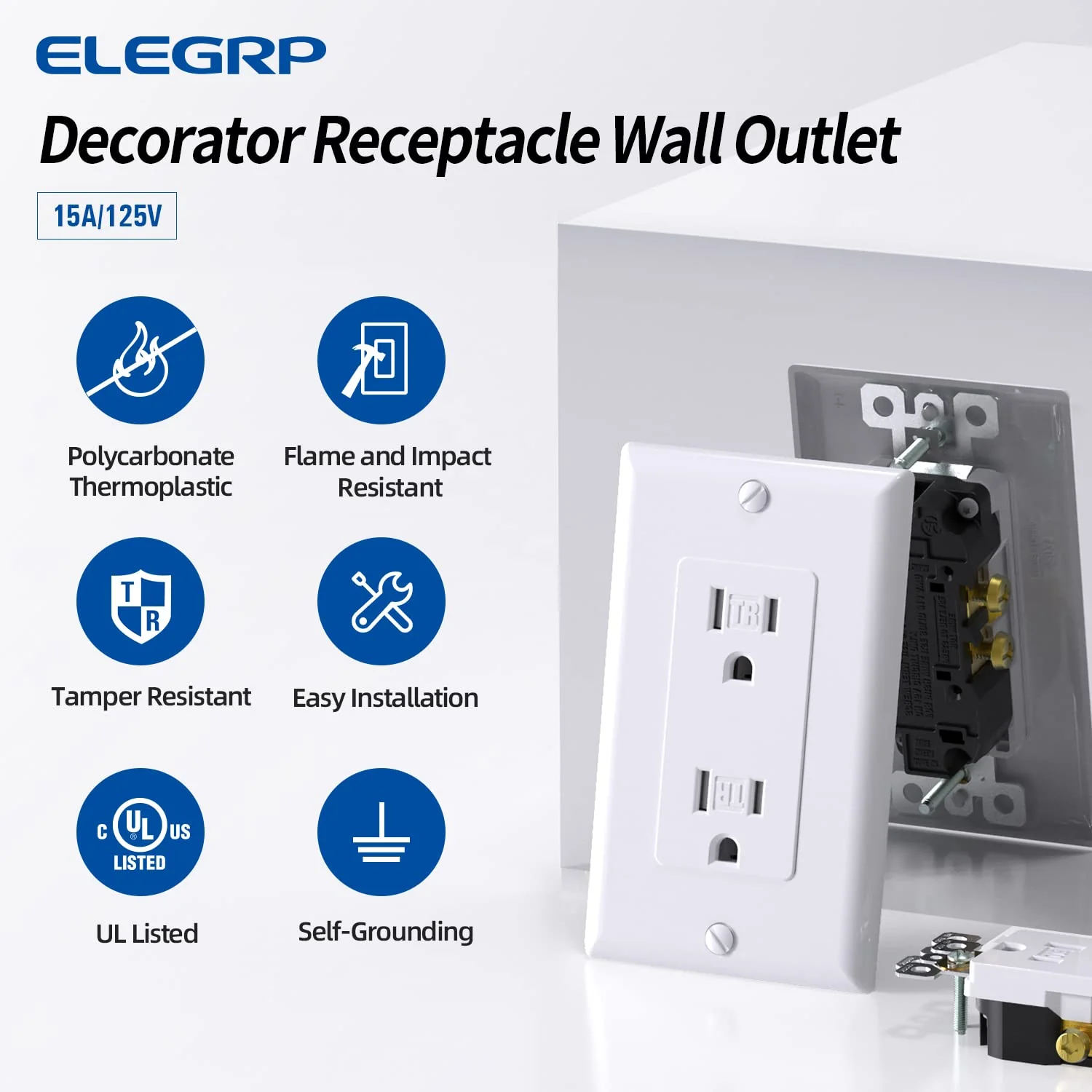 15A 125V, Decorator Wall Outlet Receptacle, Tamper-Resistant, Self-Grounding, 10-Pack - Image 11