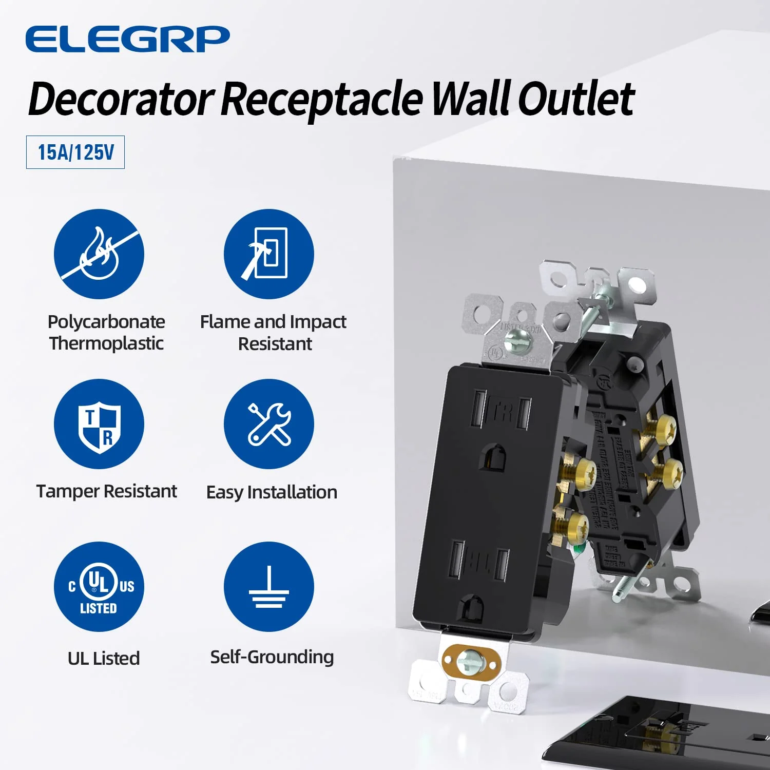 15A 125V, Decorator Wall Outlet Receptacle, Tamper-Resistant, Self-Grounding, 10-Pack - Image 12