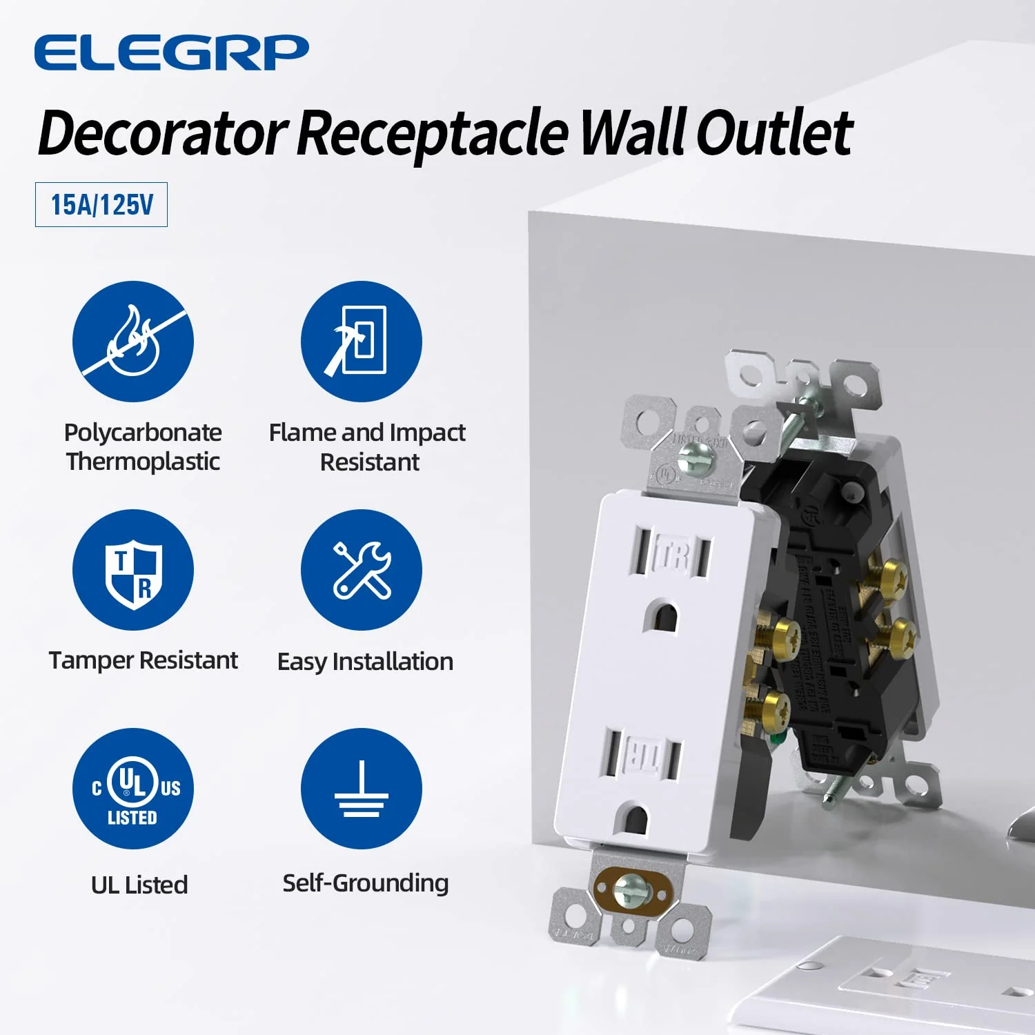 15A 125V, Decorator Wall Outlet Receptacle, Tamper-Resistant, Self-Grounding, 10-Pack - Image 4