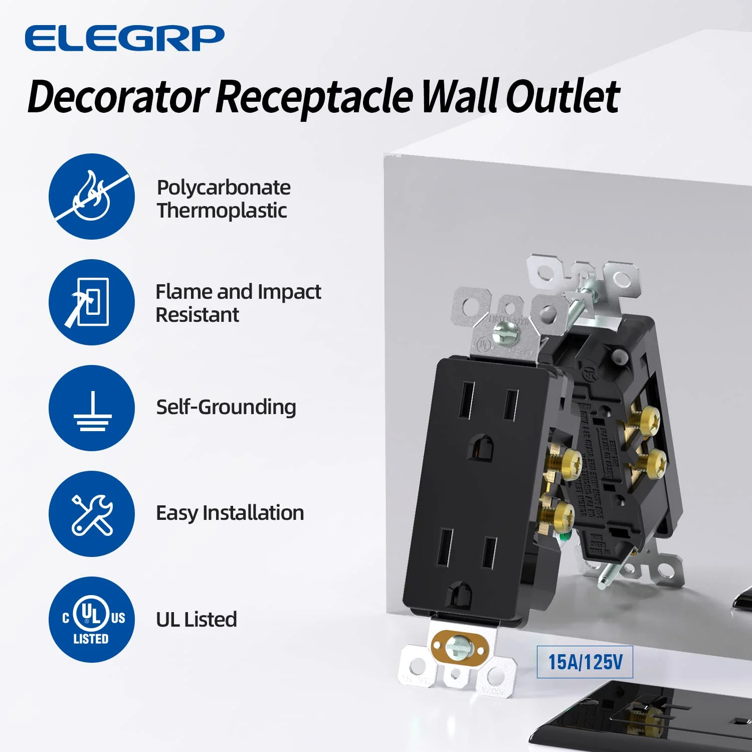 15A 125V, Decorator Wall Outlet Receptacle, Self-Grounding, NEMA 5-15R, 10-Pack - Image 12