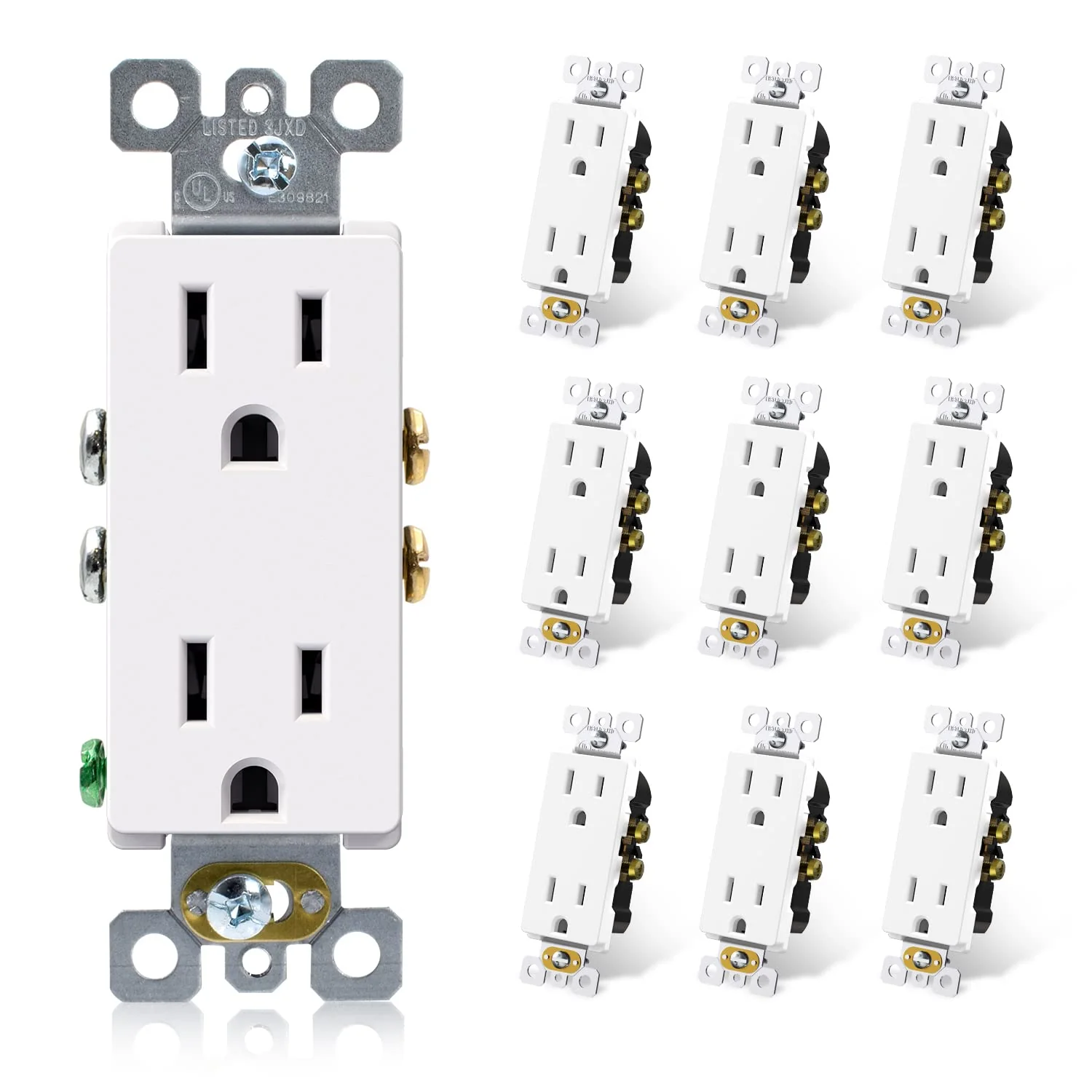 15A 125V, Decorator Wall Outlet Receptacle, Self-Grounding, NEMA 5-15R, 10-Pack - Image 3