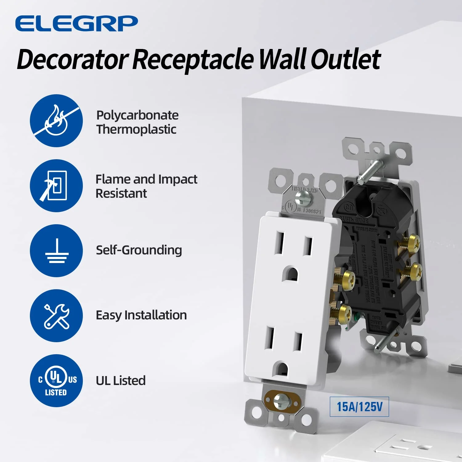 15A 125V, Decorator Wall Outlet Receptacle, Self-Grounding, NEMA 5-15R, 10-Pack - Image 5