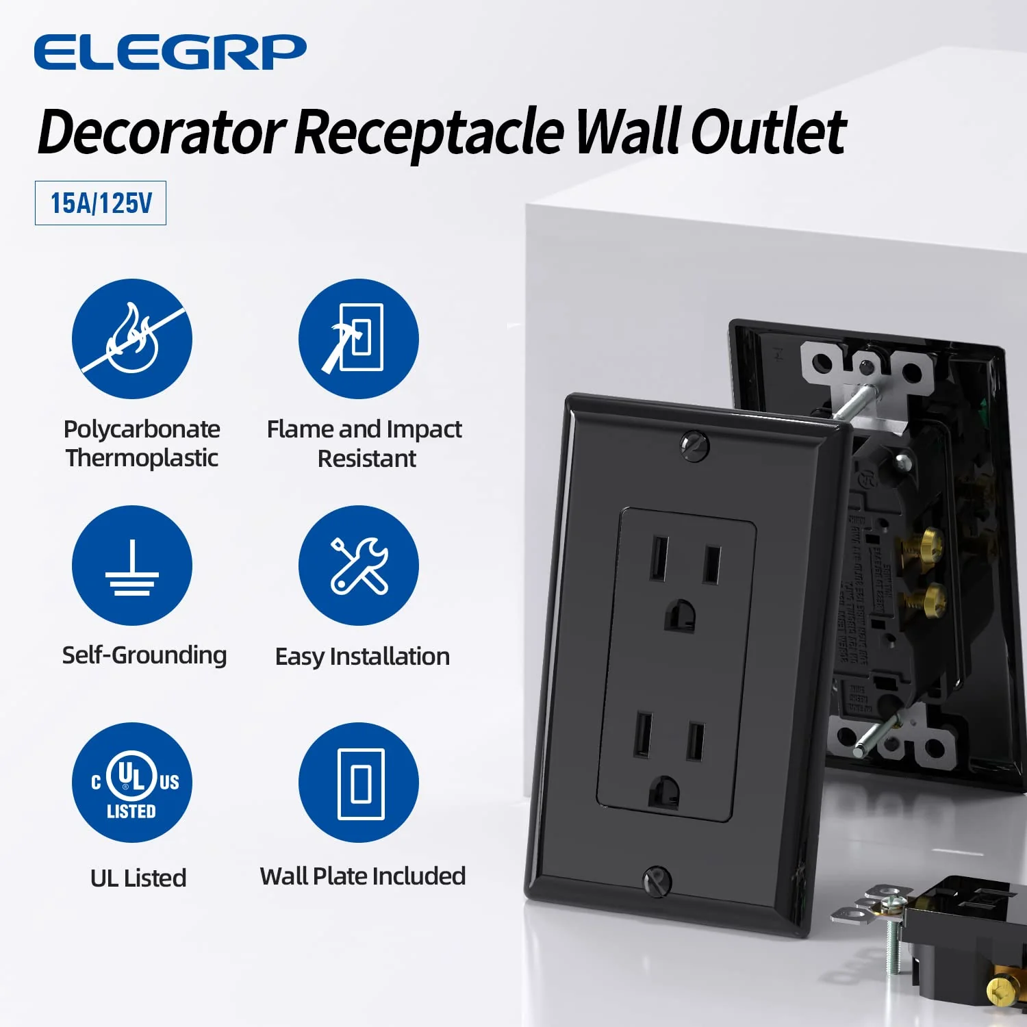 15A 125V, Decorator Wall Outlet Receptacle, Self-Grounding, NEMA 5-15R, 10-Pack - Image 8