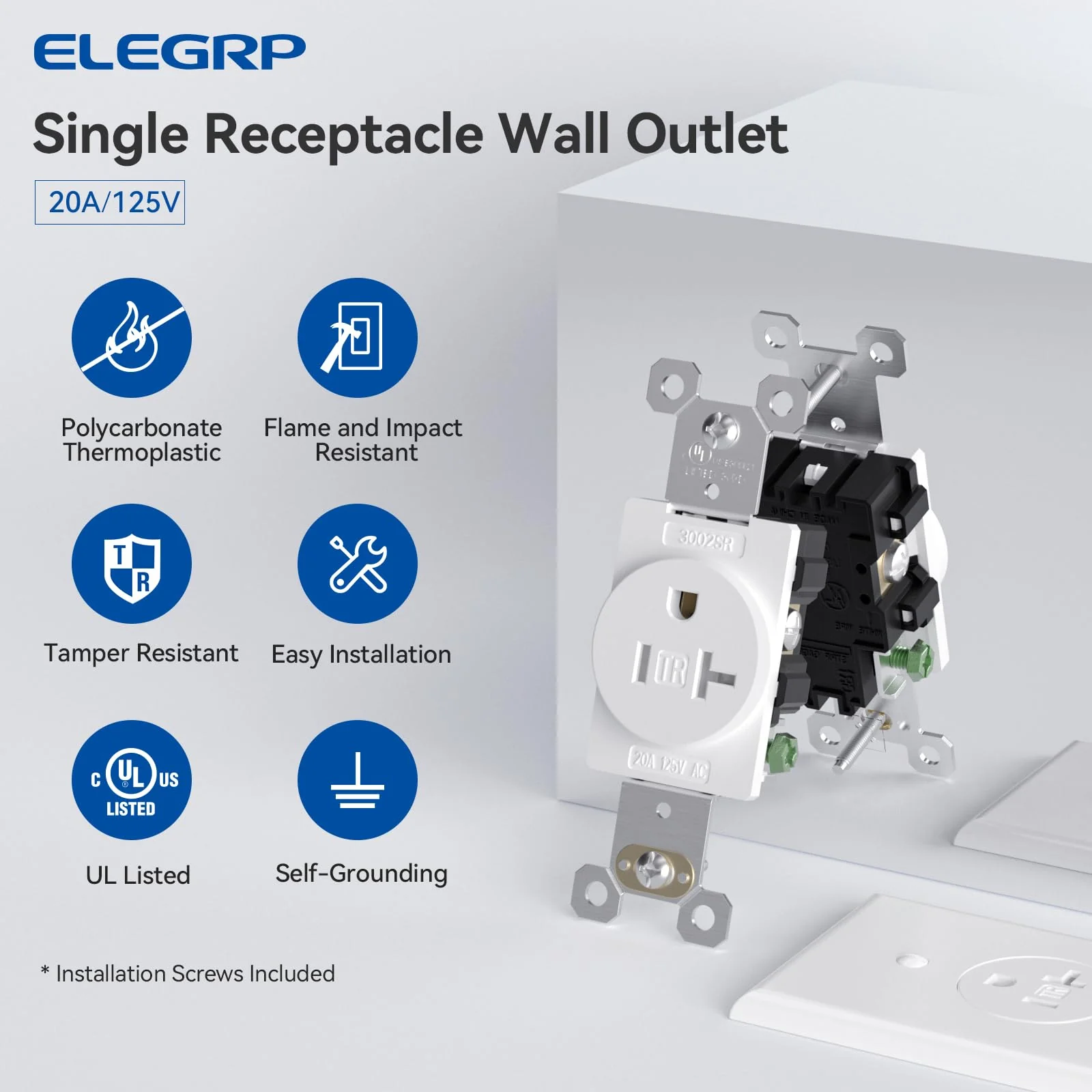 20A 125V, Decorator Wall Outlet Receptacle, Tamper-Resistant, Self-Grounding, NEMA 5-20R, 2-Pack - Image 5