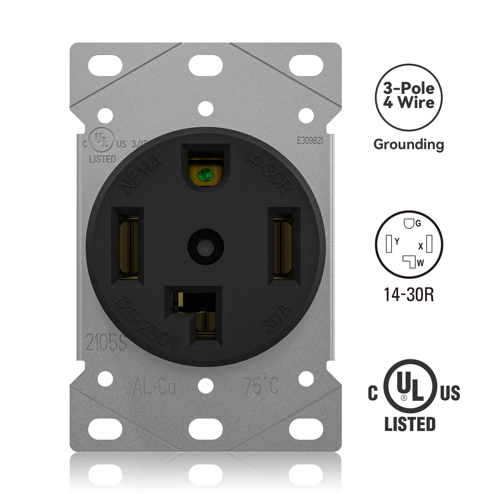 Flush Mount Power Receptacle & Plug Combo, 30A/50A 125-250V, NEMA 14-30R/P & 14-50R/P - Image 4