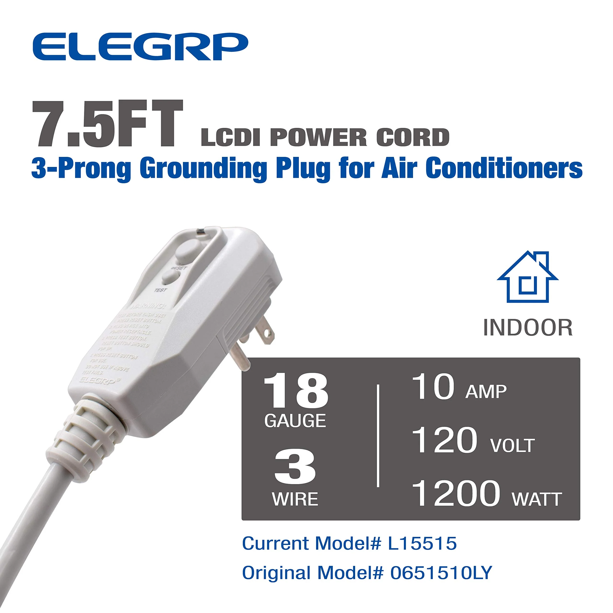LCDI 1200W AC Power Cord with Safety Protection, 10A 120V, NEMA 5-15P, 18AWG - Image 6