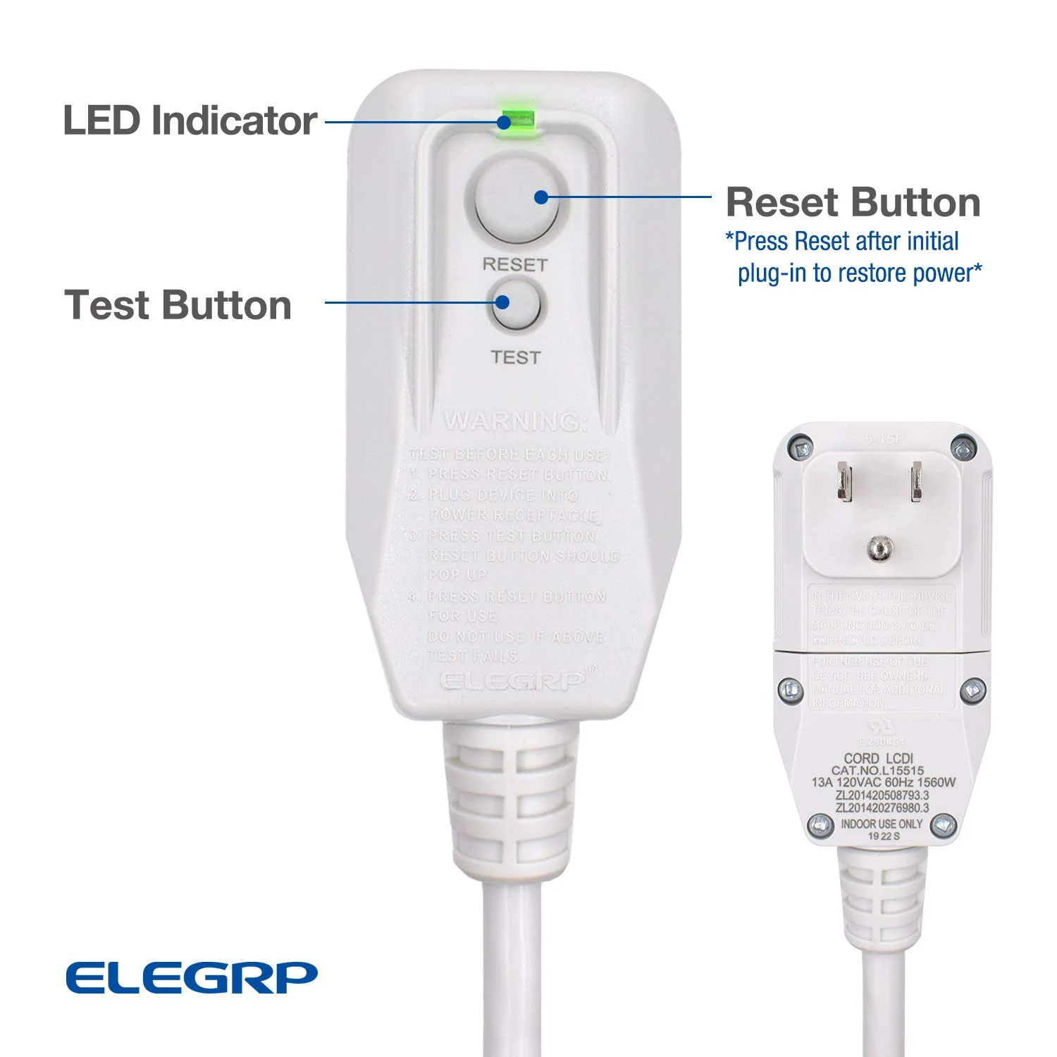 LCDI 1560W AC Power Cord with Safety Protection, 13A 120V, NEMA 5-15P, 16AWG - Image 5
