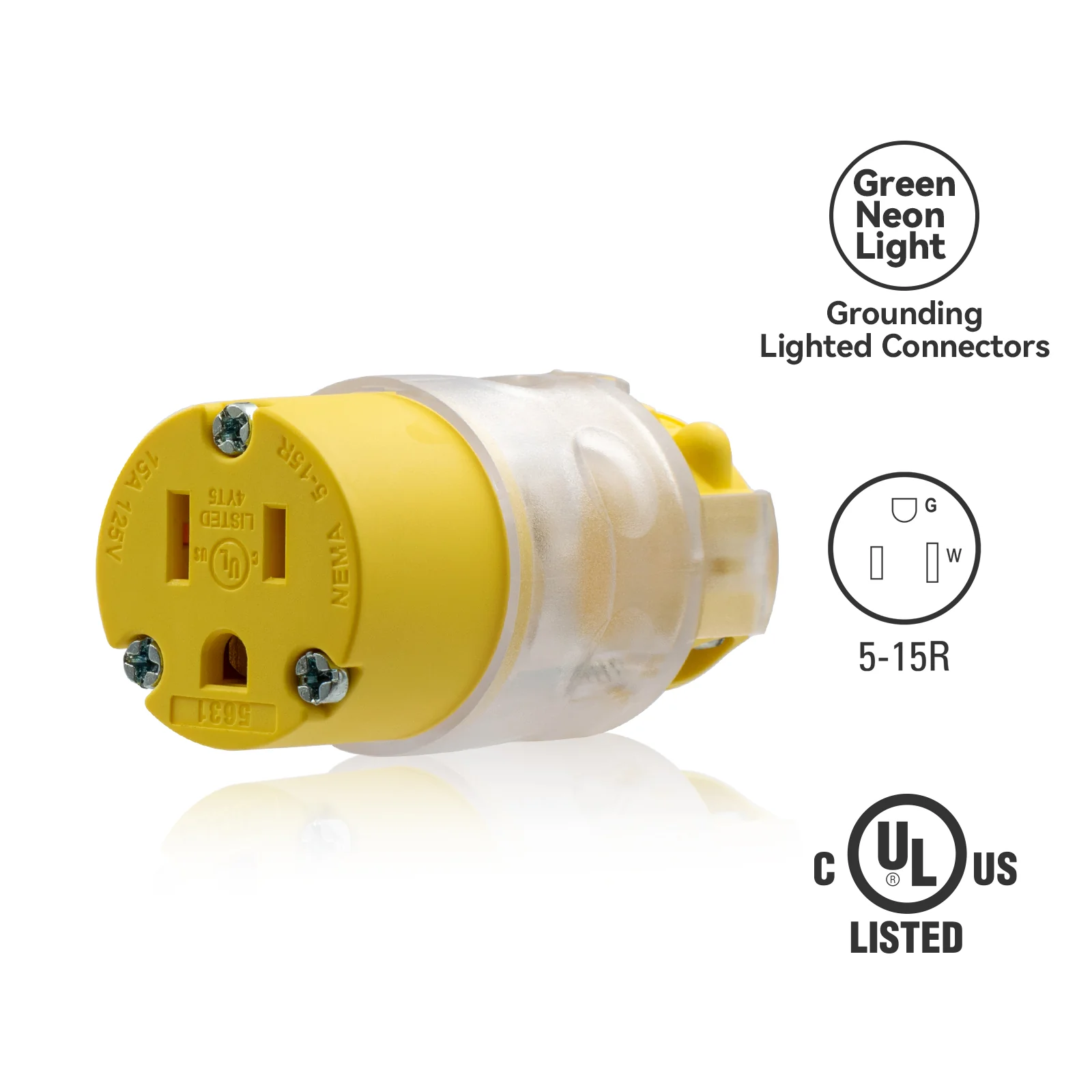 15A 125V, Lighted Straight Blade Electrical Plug and Connector, NEMA 5-15R/P, 2-Pole 3-Wire - Image 3