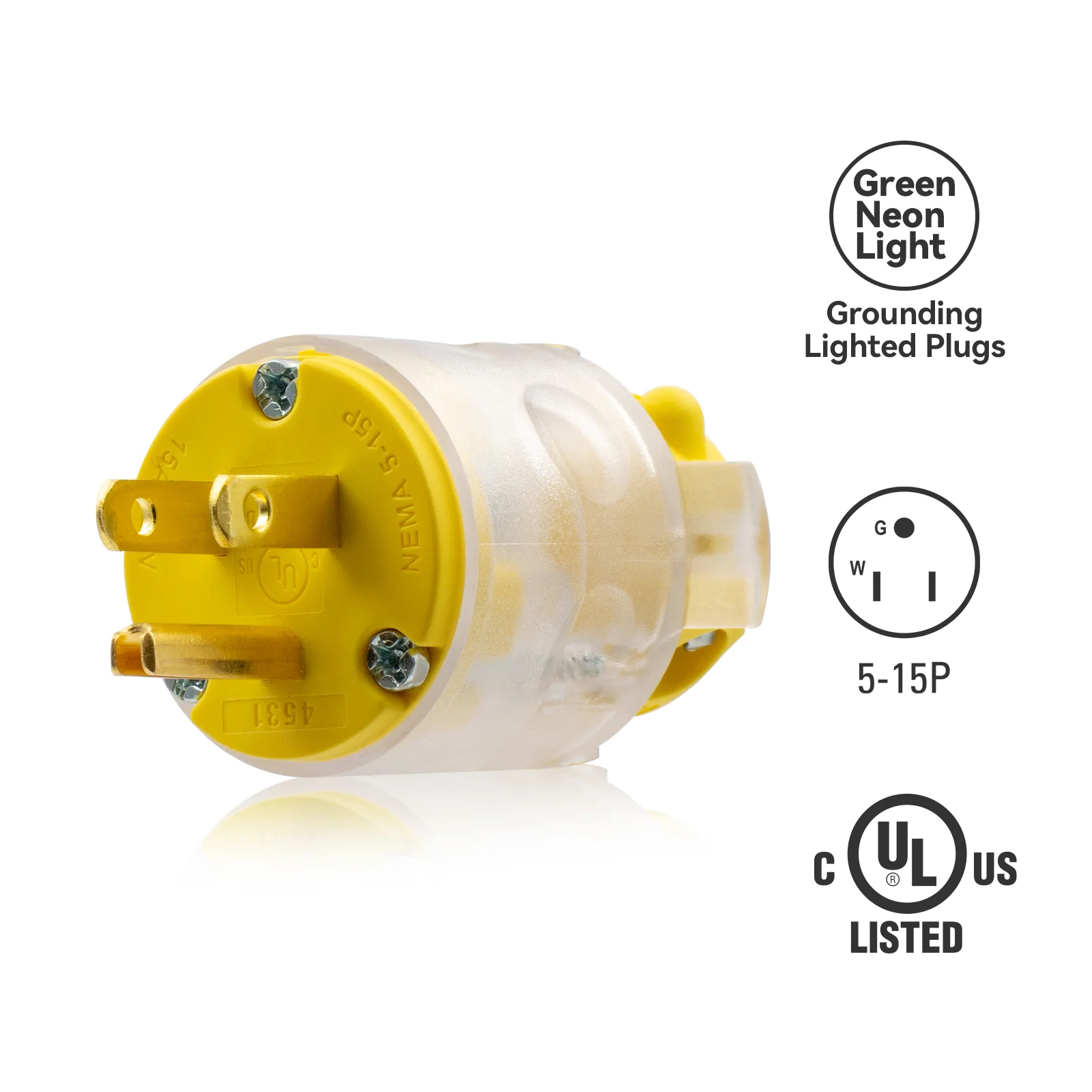 15A 125V, Lighted Straight Blade Electrical Plug and Connector, NEMA 5-15R/P, 2-Pole 3-Wire - Image 4