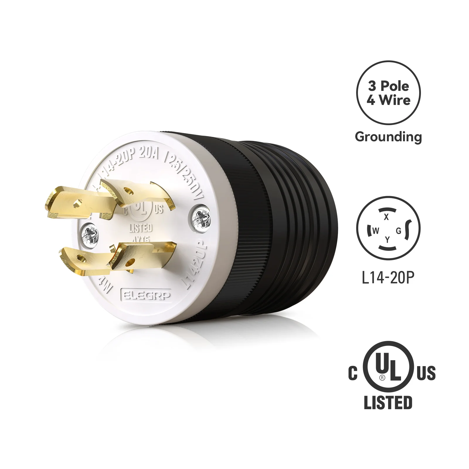 20A 125/250V, Twist Lock Plug and Connector Set, NEMA L14-20, 2-Pole 3-Wire - Image 3