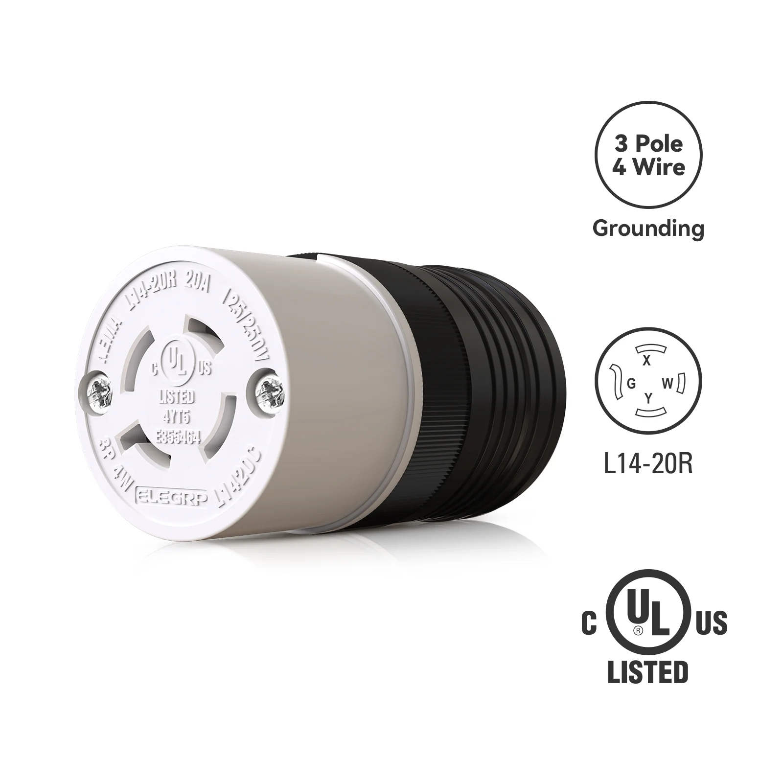 20A 125/250V, Twist Lock Plug and Connector Set, NEMA L14-20, 2-Pole 3-Wire - Image 4