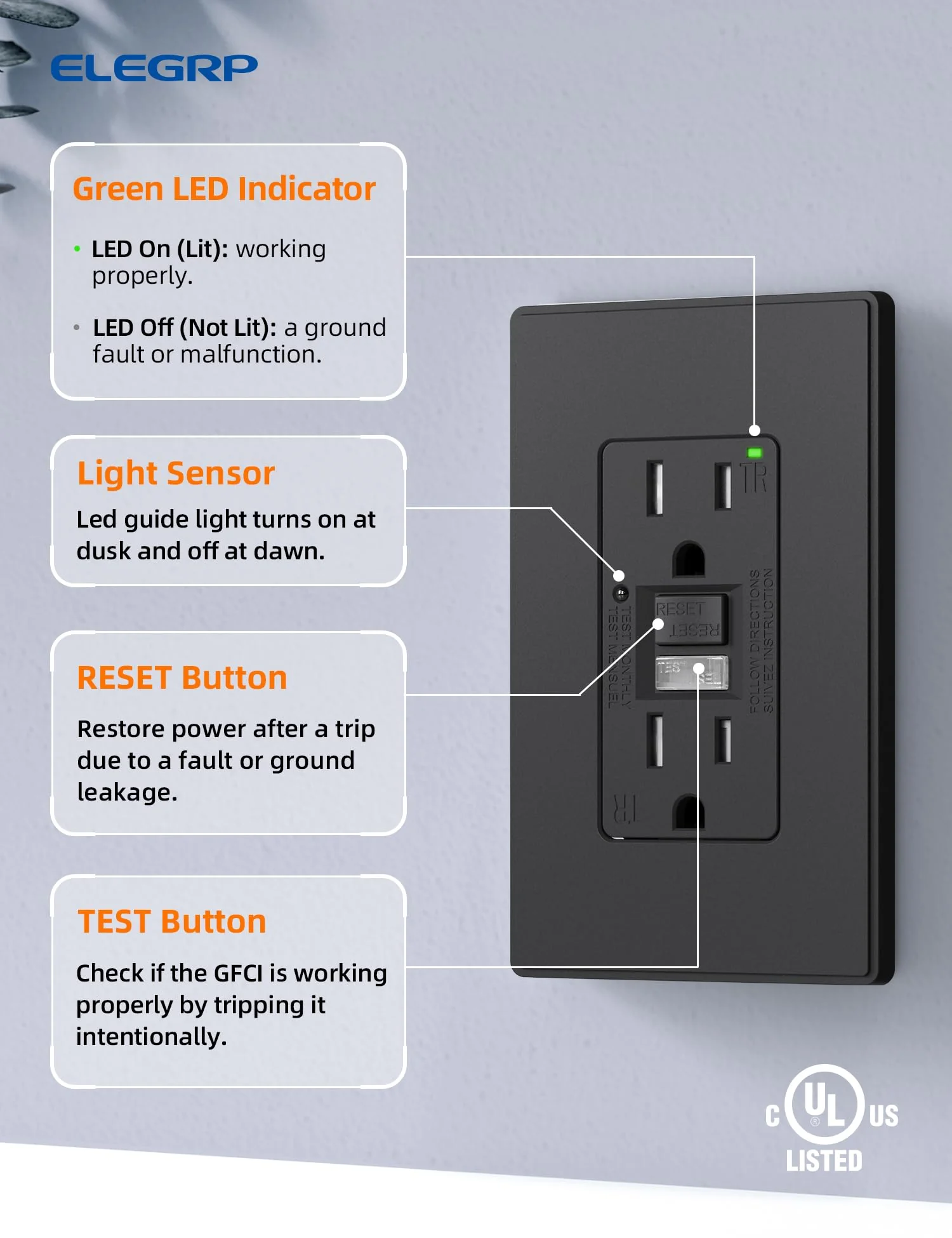 GFCI Outlet with Nightlight, 15A/20A, Self-Test, Tamper-Resistant - Image 8