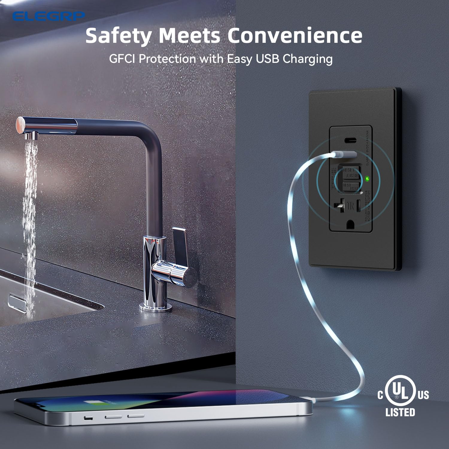 GFCI Outlet with USB Type C/C Ports, 15A/20A 125V 24W, Tamper-Resistant - Image 3