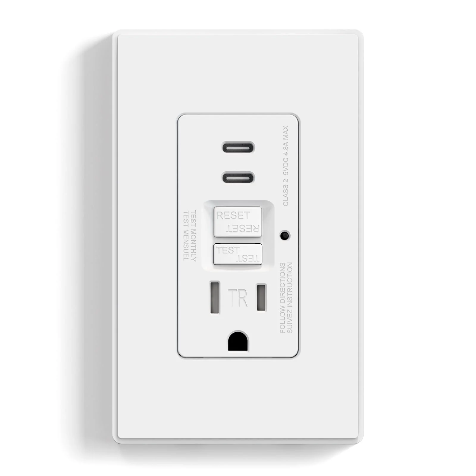 GFCI Outlet with USB Type C/C Ports, 15A/20A 125V 24W, Tamper-Resistant - Image 9